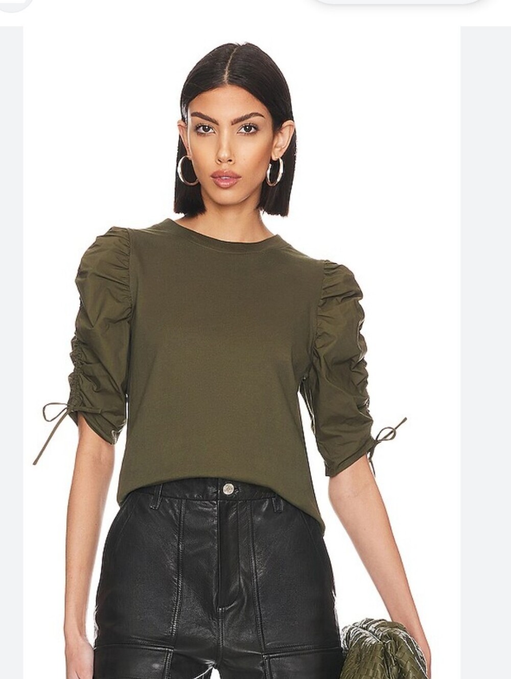 Frame Denim Ruched Tie Sleeve Tee in Army Green